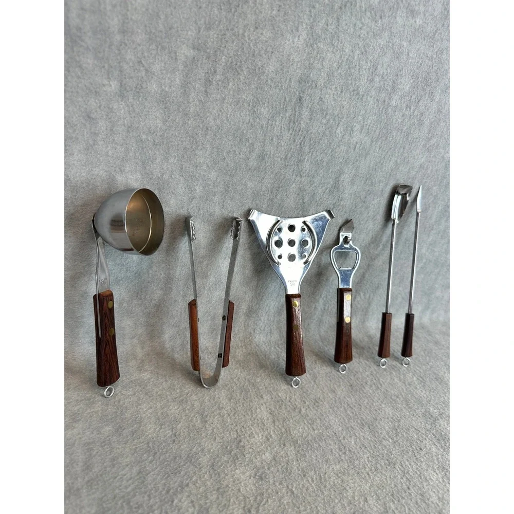 Vintage 6pc Bar Tool Set Stainless Steel Rosewood Handles Japan MCM Bartender